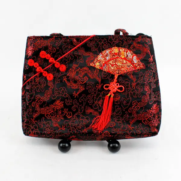 Red Black Satin Chinese Style Embroidered Shoulder Bag Purse