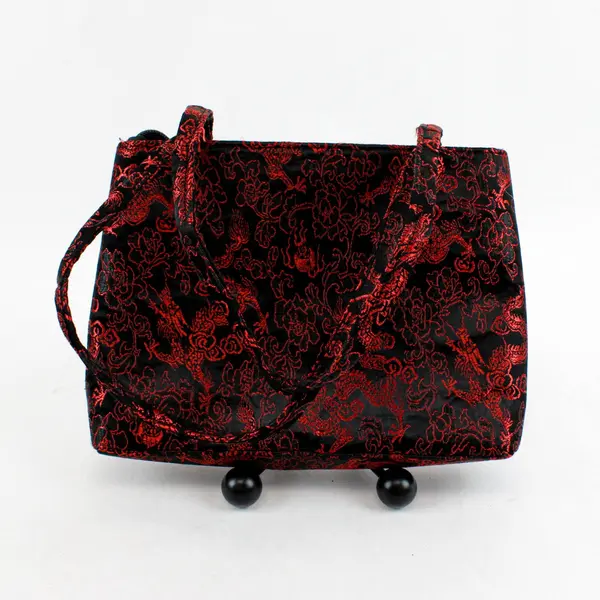 Red Black Satin Chinese Style Embroidered Shoulder Bag Purse