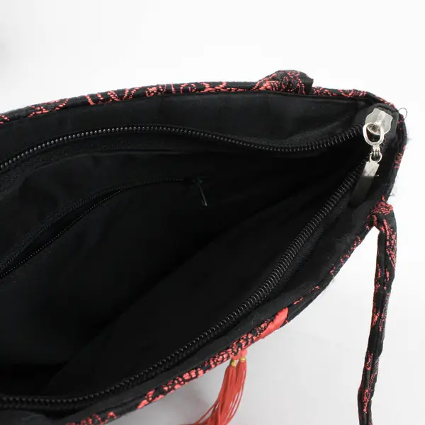 Red Black Satin Chinese Style Embroidered Shoulder Bag Purse