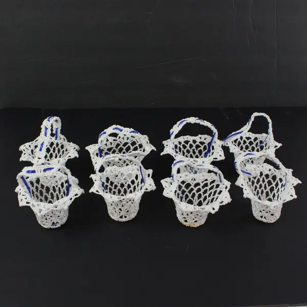 Lot of 8 White Crochet Basket Pouches Blue Ribbon Accents Unbranded