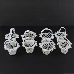 Lot of 8 White Crochet Basket Pouches Blue Ribbon Accents Unbranded