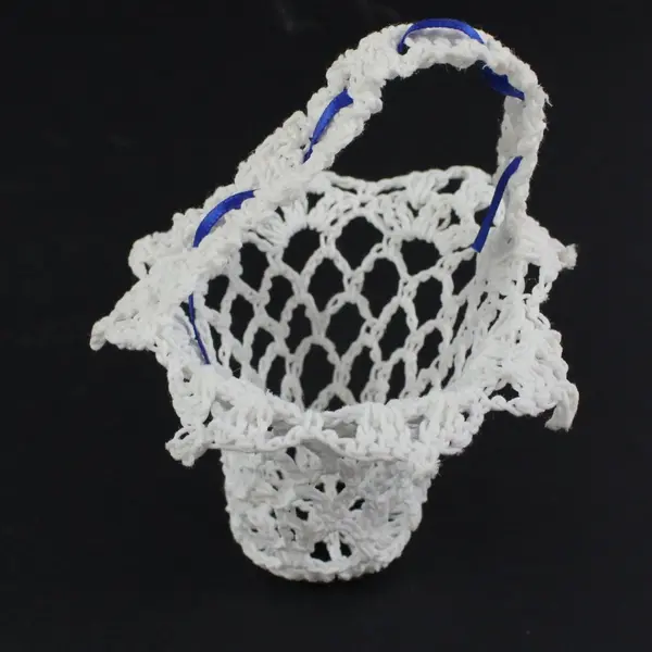 Lot of 8 White Crochet Basket Pouches Blue Ribbon Accents Unbranded