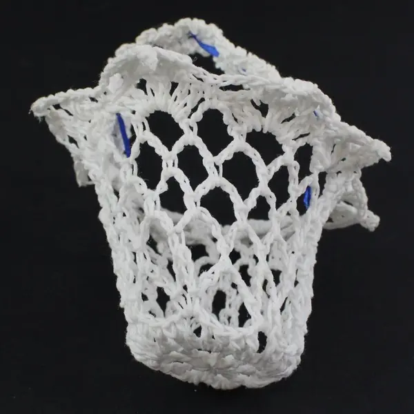 Lot of 8 White Crochet Basket Pouches Blue Ribbon Accents Unbranded