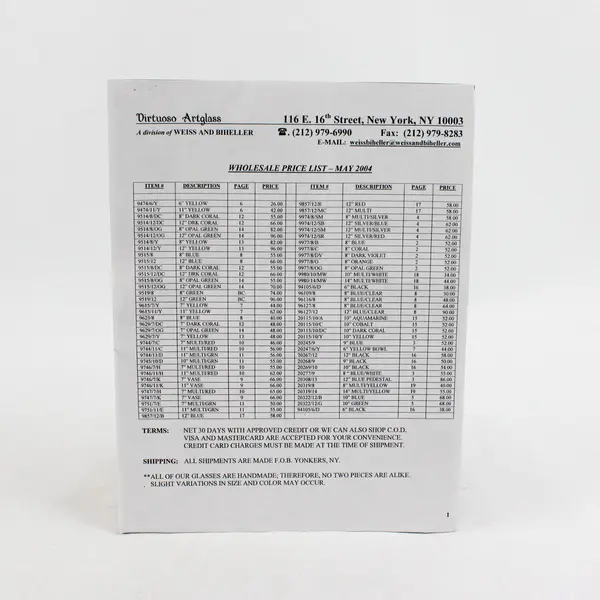 Virtuoso Artglass May 2004 Catalog with Price List Featuring European Glass Art