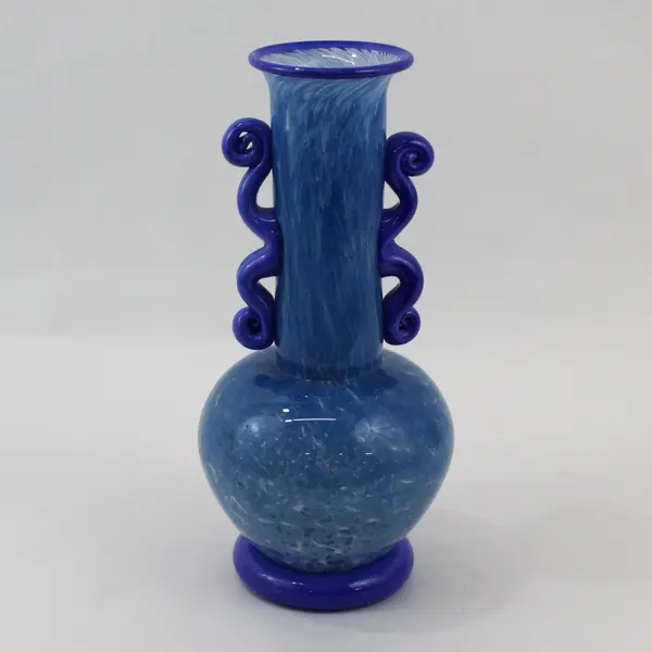 Hand Blown Art Glass Vase Mottled Blue Applied Handles 11.5 Inch