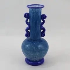 Hand Blown Art Glass Vase Mottled Blue Applied Handles 11.5 Inch