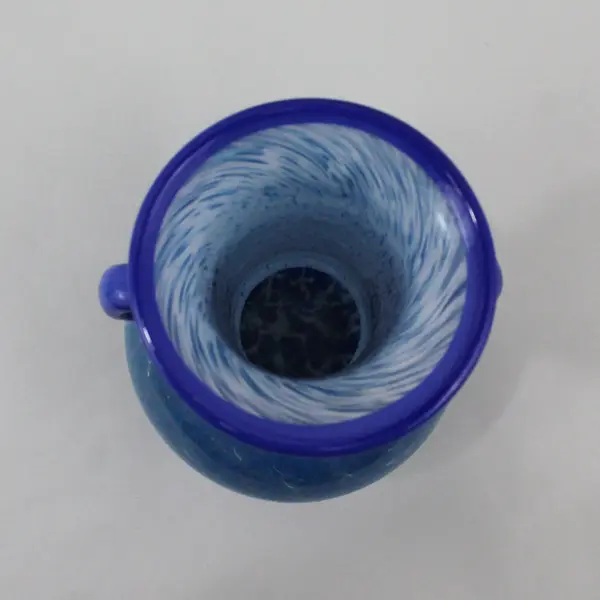 Hand Blown Art Glass Vase Mottled Blue Applied Handles 11.5 Inch