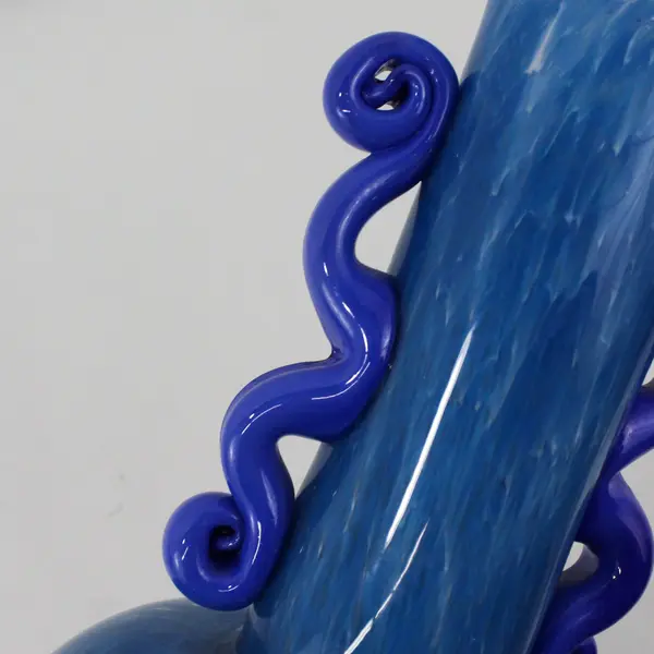 Hand Blown Art Glass Vase Mottled Blue Applied Handles 11.5 Inch