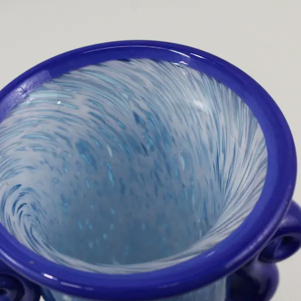 Hand Blown Art Glass Vase Mottled Blue Applied Handles 11.5 Inch
