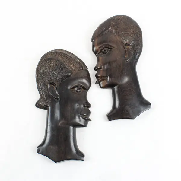 Vintage African Tribal Carved Wood Male Female Profile Wall Plaques