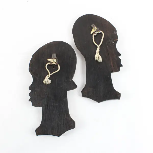 Vintage African Tribal Carved Wood Male Female Profile Wall Plaques