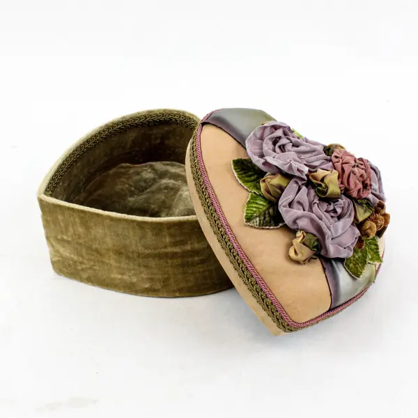 Vintage Heart Shaped Fabric Covered Trinket Box Padded Satin Lid Roses