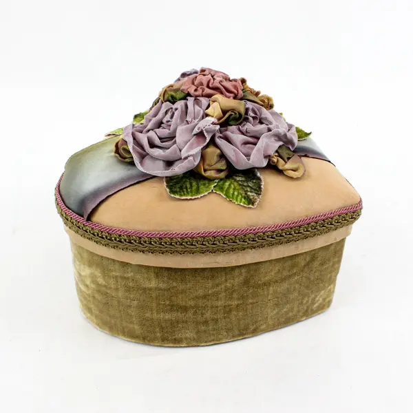 Vintage Heart Shaped Fabric Covered Trinket Box Padded Satin Lid Roses