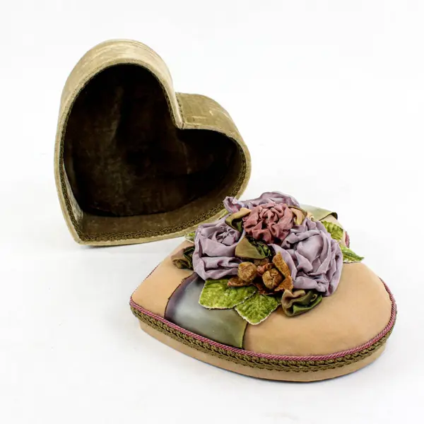 Vintage Heart Shaped Fabric Covered Trinket Box Padded Satin Lid Roses