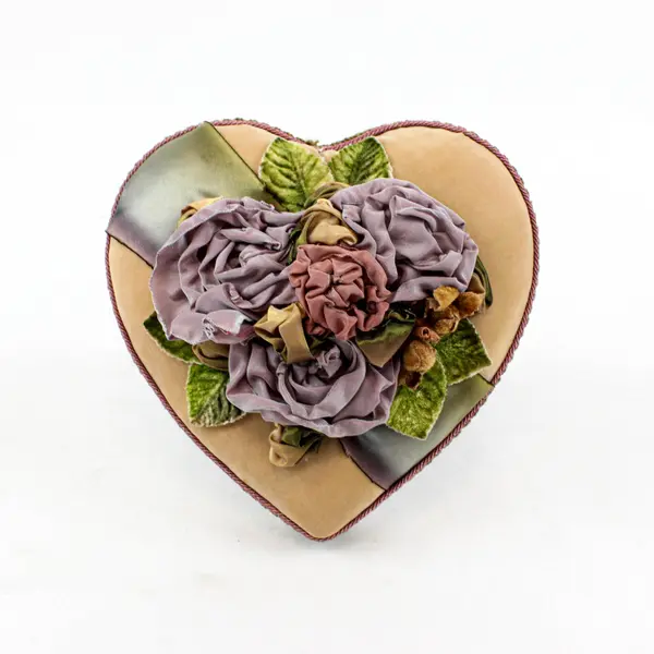 Vintage Heart Shaped Fabric Covered Trinket Box Padded Satin Lid Roses