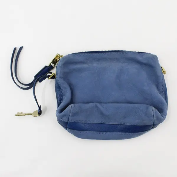 Fossil Small Blue Leather Zipper Pouch Purse Wallet Cosmetic Bag
