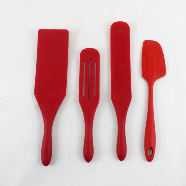 Lot of 4 Red Silicone Kitchen Utensils Spurtle Spatula, One Slotted Fiesta