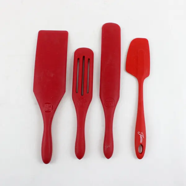 Lot of 4 Red Silicone Kitchen Utensils Spurtle Spatula, One Slotted Fiesta