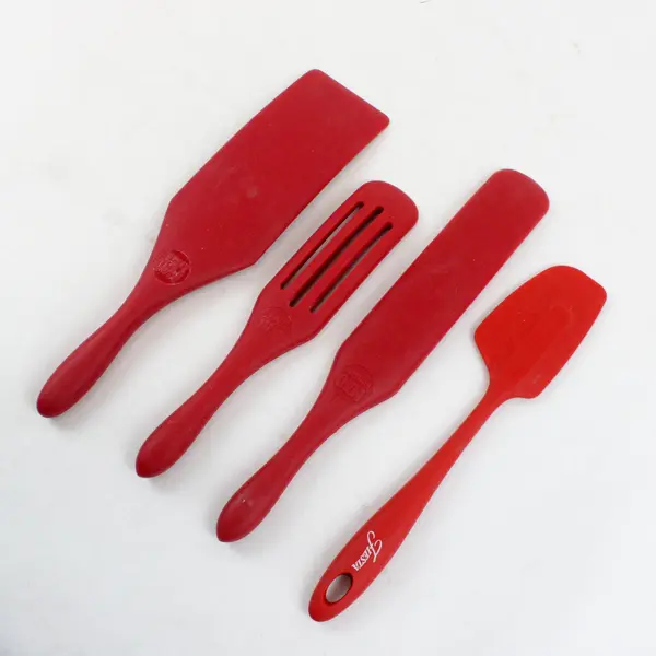 Lot of 4 Red Silicone Kitchen Utensils Spurtle Spatula, One Slotted Fiesta