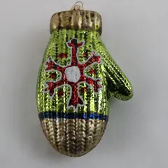 Vintage Glass Mitten Christmas Ornament Green Gold Snowflake 5in Good