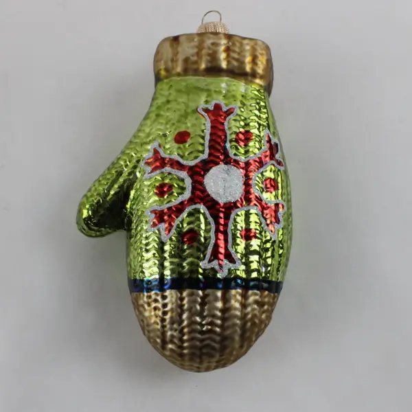 Vintage Glass Mitten Christmas Ornament Green Gold Snowflake 5in Good
