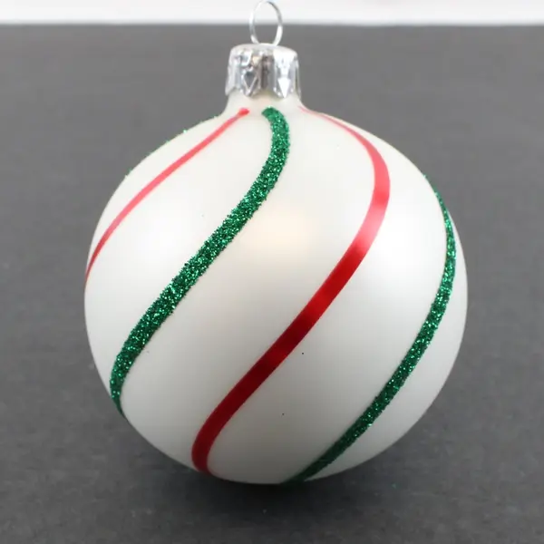 White Christmas Ball Ornament Red Swirl Stripes Green Glitter Swirl Stripes 3.5"
