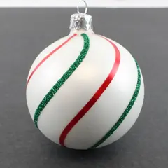 White Christmas Ball Ornament Red Swirl Stripes Green Glitter Swirl Stripes 3.5"