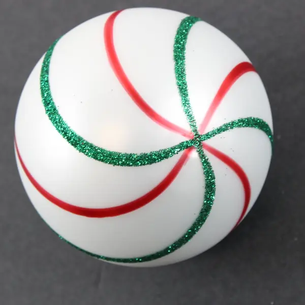 White Christmas Ball Ornament Red Swirl Stripes Green Glitter Swirl Stripes 3.5"