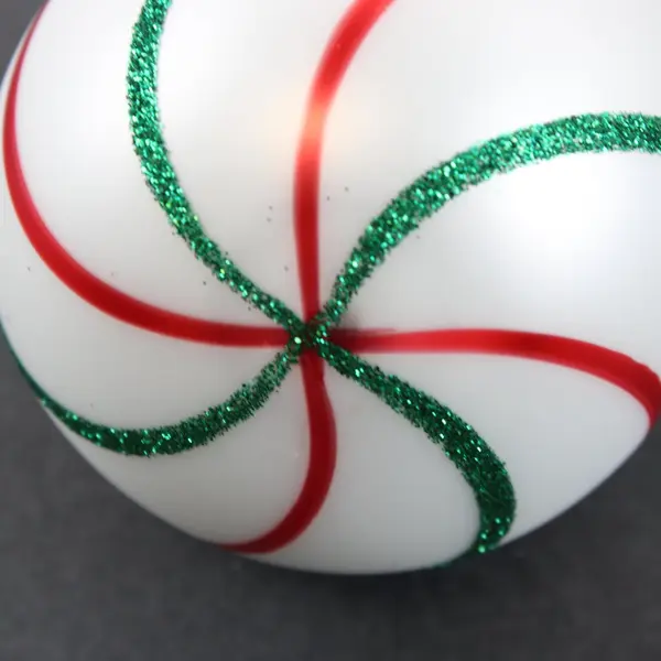 White Christmas Ball Ornament Red Swirl Stripes Green Glitter Swirl Stripes 3.5"