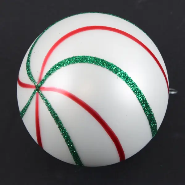 White Christmas Ball Ornament Red Swirl Stripes Green Glitter Swirl Stripes 3.5"