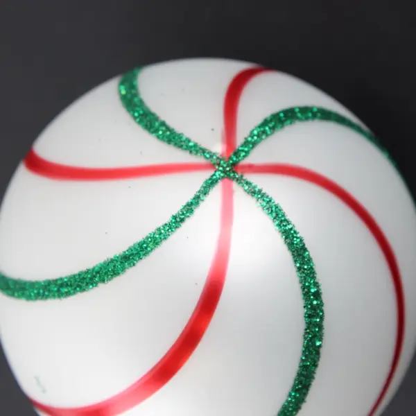 White Christmas Ball Ornament Red Swirl Stripes Green Glitter Swirl Stripes 3.5"