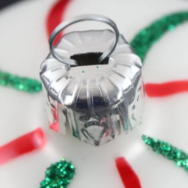 White Christmas Ball Ornament Red Swirl Stripes Green Glitter Swirl Stripes 3.5"