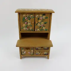 Vintage Wood Hand-Painted Miniature Dollhouse Hutch Floral Folk Art Style 