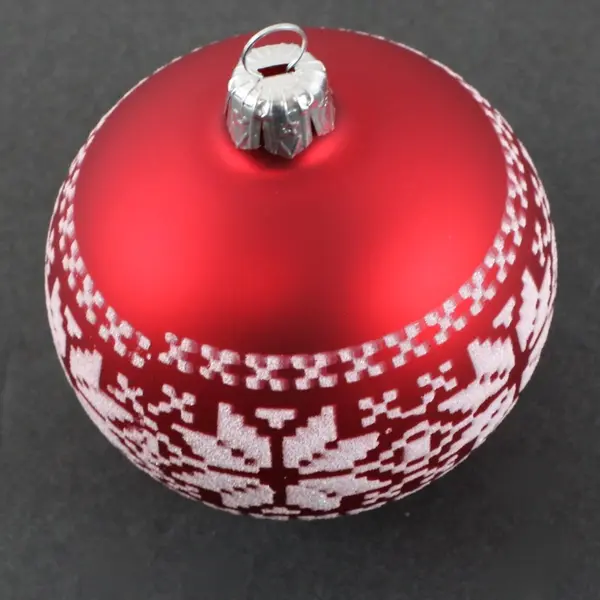 Matte Red With White Glitter Christmas Ball Nordic Sweater Snowflake Design 3.5"