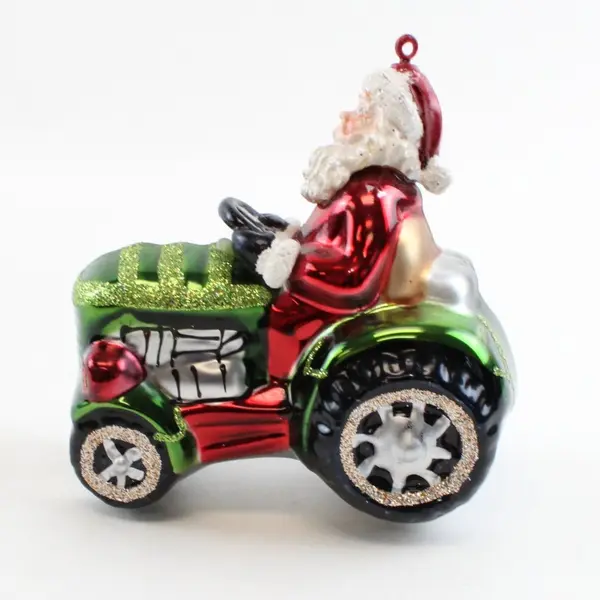 Santa Ornament Driving Red Green Festive Tractor 4.5" Tall Good