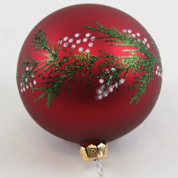 Hand Painted Red Glass Christmas Ball Ornament Green Glitter White Dots 3.75in