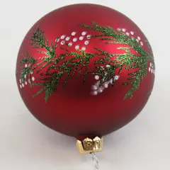 Hand Painted Red Glass Christmas Ball Ornament Green Glitter White Dots 3.75in
