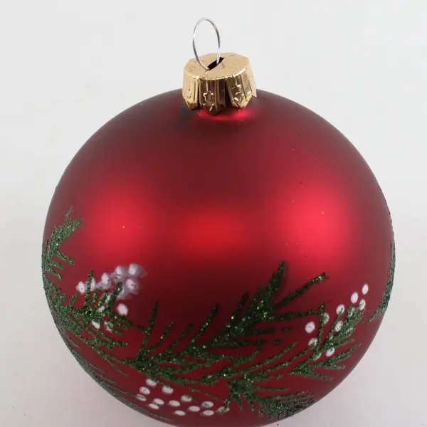 Hand Painted Red Glass Christmas Ball Ornament Green Glitter White Dots 3.75in