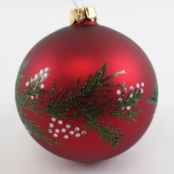 Hand Painted Red Glass Christmas Ball Ornament Green Glitter White Dots 3.75in