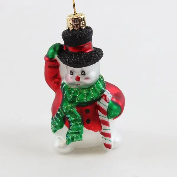 VTG Hand Painted Glass Snowman Ornament Green Scarf Black Hat W/Glitter 3.5" 