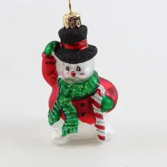 VTG Hand Painted Glass Snowman Ornament Green Scarf Black Hat W/Glitter 3.5" 