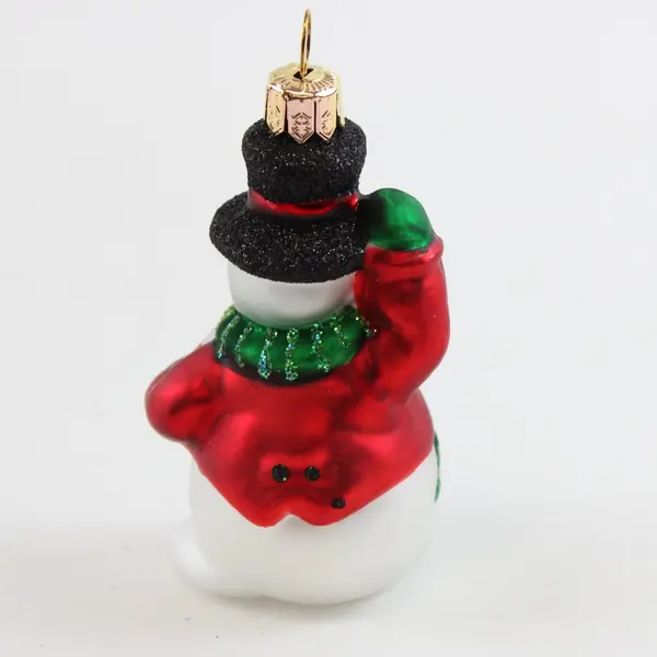 VTG Hand Painted Glass Snowman Ornament Green Scarf Black Hat W/Glitter 3.5" 