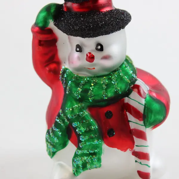VTG Hand Painted Glass Snowman Ornament Green Scarf Black Hat W/Glitter 3.5" 