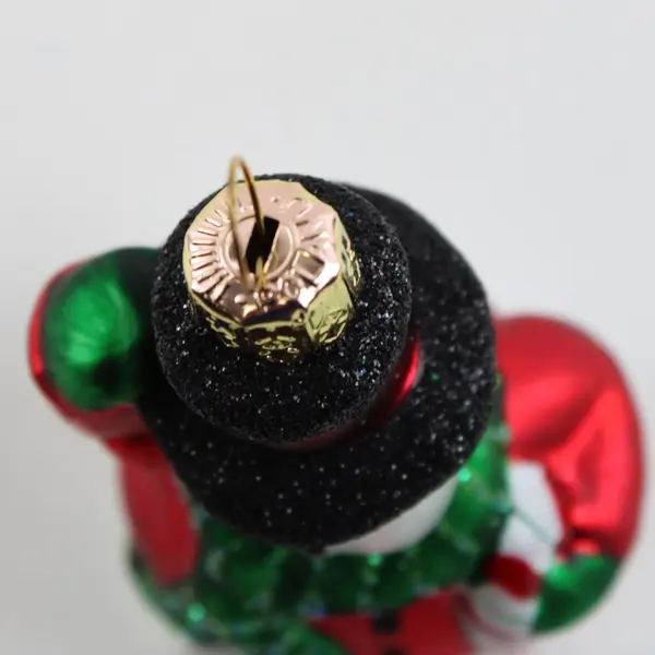 VTG Hand Painted Glass Snowman Ornament Green Scarf Black Hat W/Glitter 3.5" 
