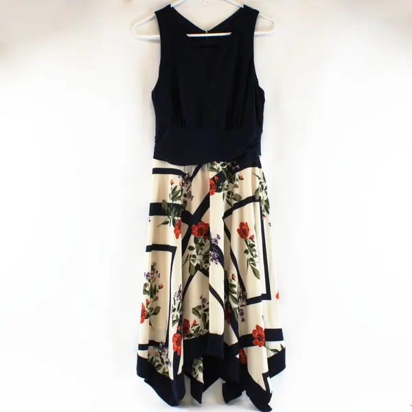Le Chateau Wmns M Navy Ivory Floral Keyhole Sleeveless A-Line Midi FLAW