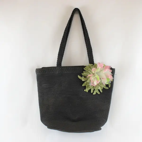 Liz Claiborne Black Woven Paper Straw Tote Bag 15" Flower Accent FLAWED