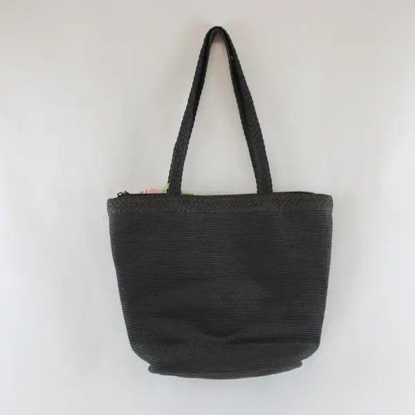Liz Claiborne Black Woven Paper Straw Tote Bag 15" Flower Accent FLAWED