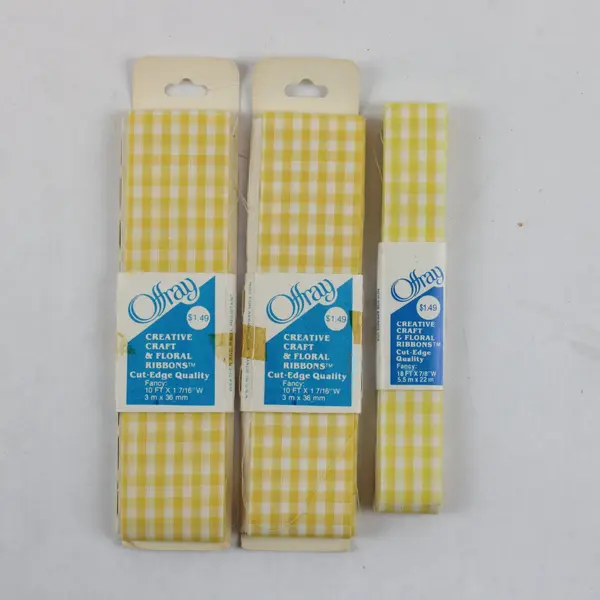 Lot of 3 Offray Yellow Checkered Craft Ribbon Gift Wrap Scrapbook