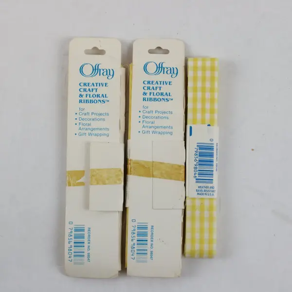 Lot of 3 Offray Yellow Checkered Craft Ribbon Gift Wrap Scrapbook