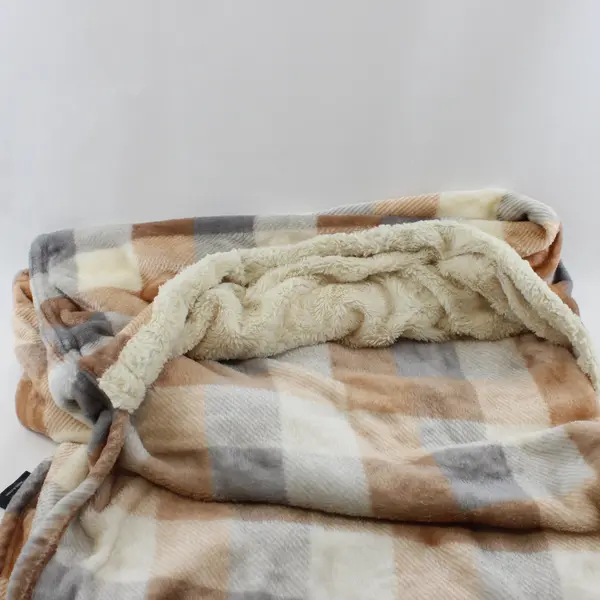 Cuddle Duds Set of 2 Plush Faux Fur Throw Blankets Tan Gray White 50x68